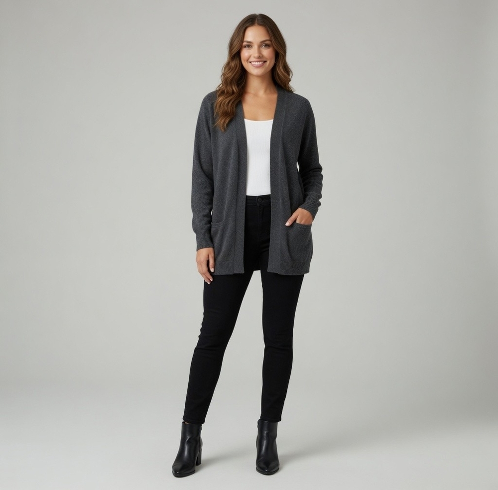 Knit Best Charcoal Grey Cotton Open Front Cardigan Long Blazer Women M VG